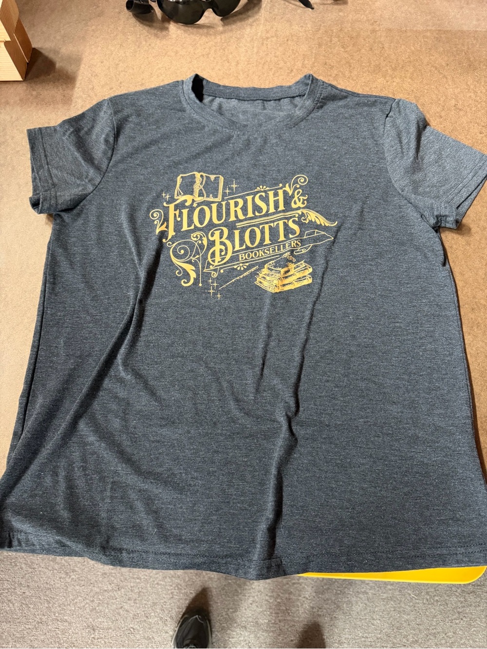 Heather Charcoal women’s Tee with Yellow Flourish & Blotts Graphic